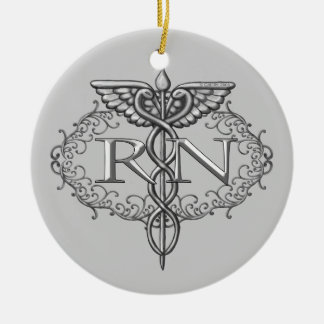 Oval Silver Caduceus RN Nurse Julgransprydnad Keramik