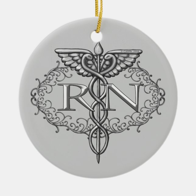 Oval Silver Caduceus RN Nurse Julgransprydnad Keramik (Framsidan)