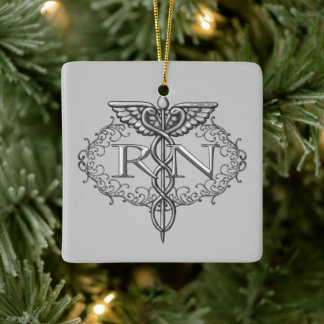 Oval Silver Caduceus RN Nurse Julgransprydnad Keramik