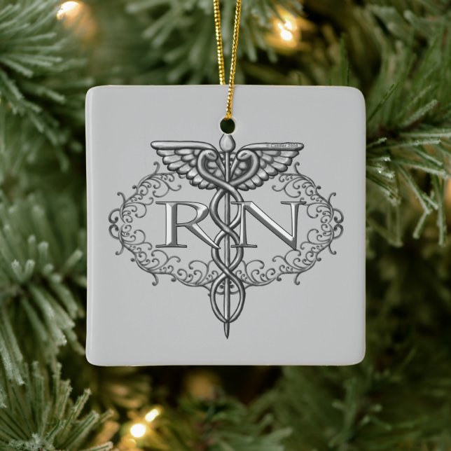 Oval Silver Caduceus RN Nurse Julgransprydnad Keramik (Träd)