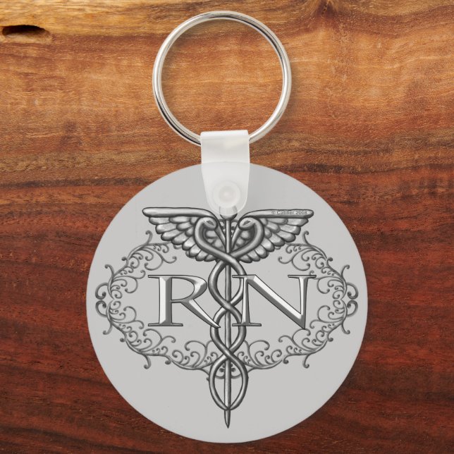 Oval Silver Caduceus RN Nurse Nyckelring (Framsida)