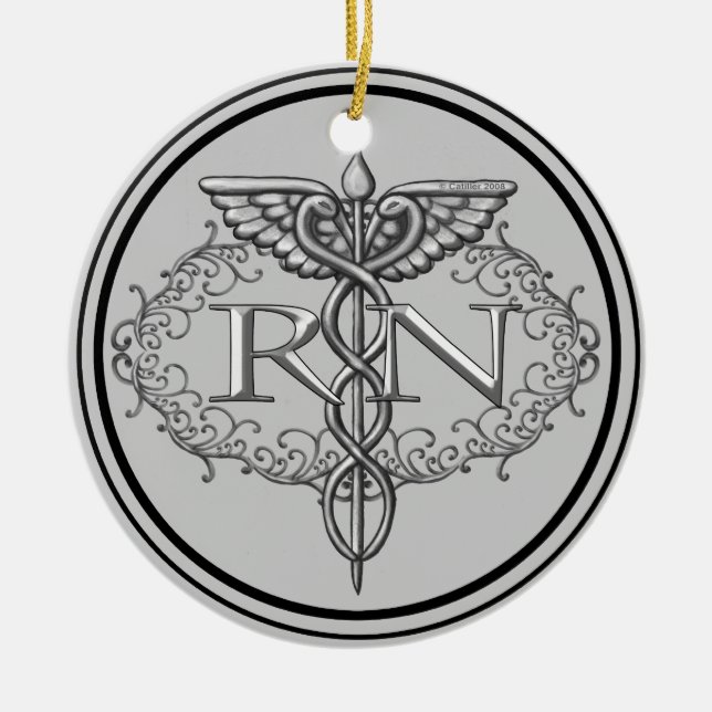Oval Silver Caduceus RN Sjuksköterska Julgransprydnad Keramik (Framsidan)