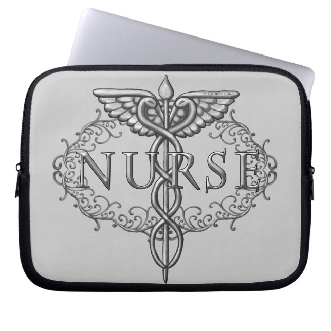 Oval silver caduceus sköterska laptop fodral (Framsidan)