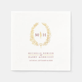 Oval wandekonst löv guld red monogram bröllop pappersservett