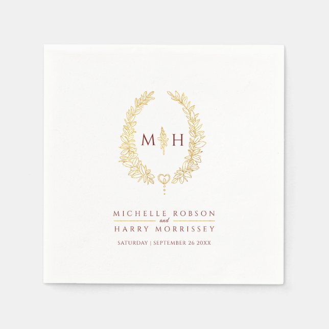 Oval wandekonst löv guld red monogram bröllop pappersservett (Framsidan)