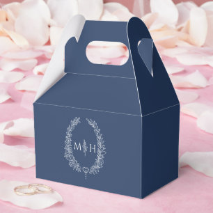 Ovala blad monogram marinblå vit bröllop presentaskar