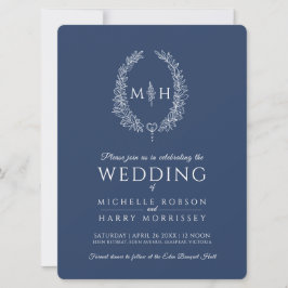 Ovala linjen Löv bröllop marin blå och vit Inbjudningar