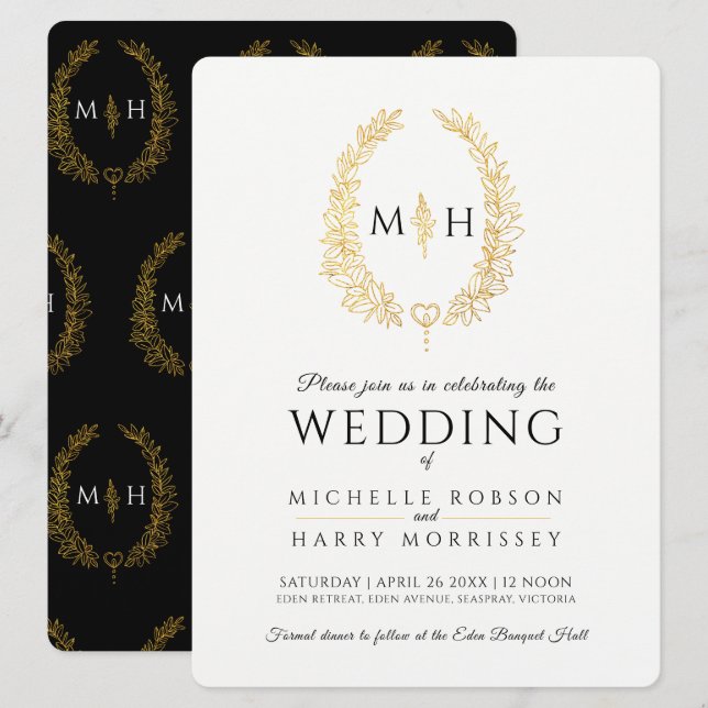 Ovala linjen löv bröllop svart och guld på vitt inbjudningar (Fram/baksida)