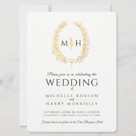 Ovala linjen löv bröllop svart och guld på vitt inbjudningar