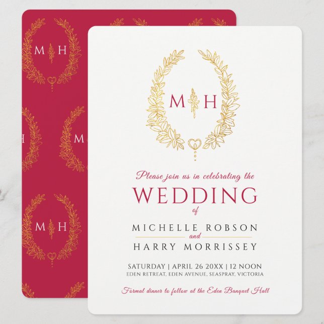 Ovala löv konst bröllop svart röd guld på vit inbjudningar (Fram/baksida)