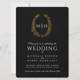 Ovala löv konsten bröllop guld svartvit inbjudningar