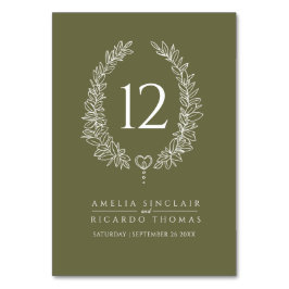 Ovalkrans löv oliv grönt vita bröllop bordsnummer