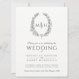 Ovalstkonst bröllop mörk grått och vit löv inbjudningar