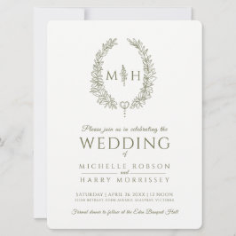 Ovalstkonsten löv bröllop oliv grönt och vit inbjudningar