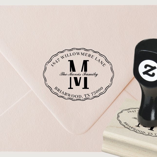 Ovalt monogram runt returadress  stämpel (wooden oval monogram return address stamp)