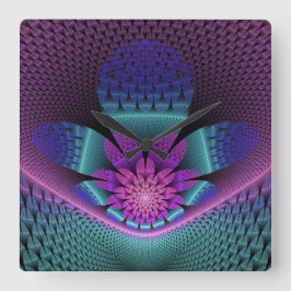 Ovanlig mönstrad färglös fantasy Flower Fractal Fyrkantig Klocka