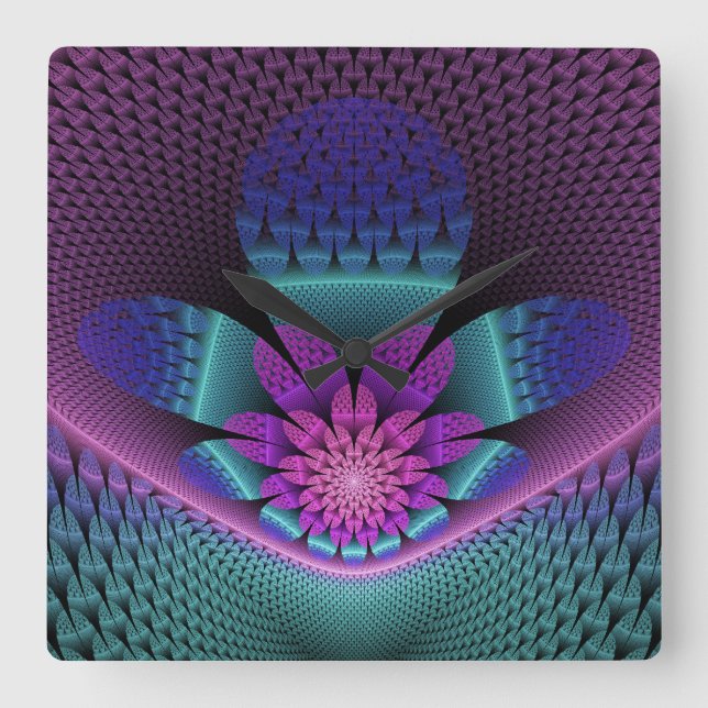 Ovanlig mönstrad färglös fantasy Flower Fractal Fyrkantig Klocka (Framsida)