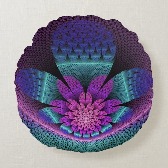 Ovanlig mönstrad färglös fantasy Flower Fractal Rund Kudde (Framsidan)