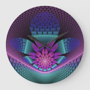 Ovanlig mönstrad färglös fantasy Flower Fractal Stor Klocka