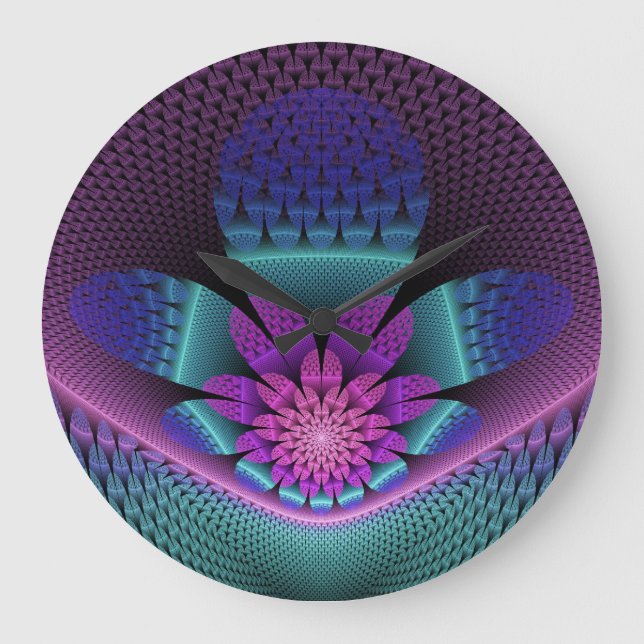 Ovanlig mönstrad färglös fantasy Flower Fractal Stor Klocka (Framsida)