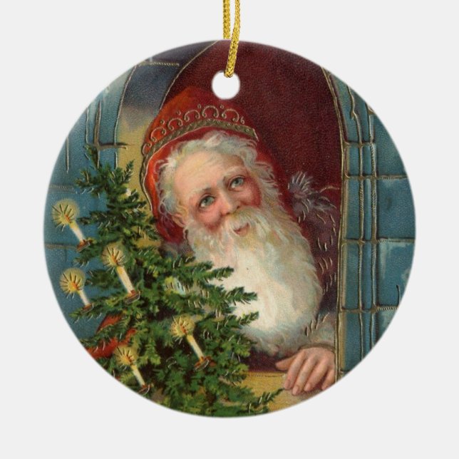 Ovanliga eleganta santa med träd & stearinljus julgransprydnad keramik (Framsidan)