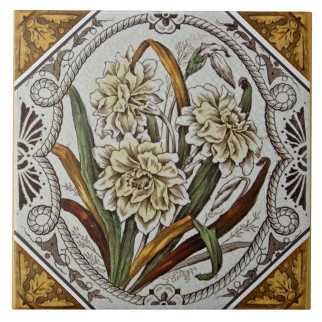 Ovanligt 1880-tal Victorian Blommigt Transferware  Kakelplatta (Framsidan)