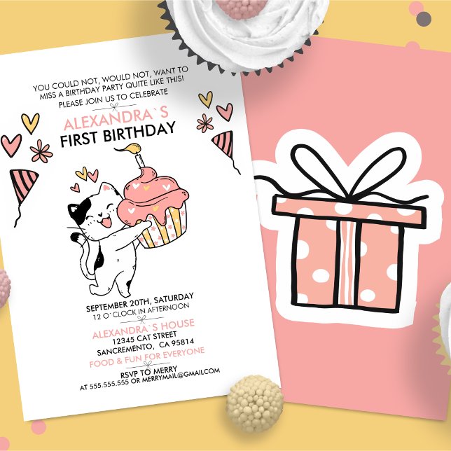 Ovärdig första flickfödelsedag med Cat-Thated Inbjudningar (Adorable Cat-Themed First Girl Birthday Invitation - Personalize for a Purr-fect Celebration!)