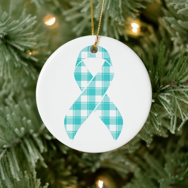 Ovarian Cancer Awareness Plaid Teal Ribbon Julgransprydnad Keramik (Träd)