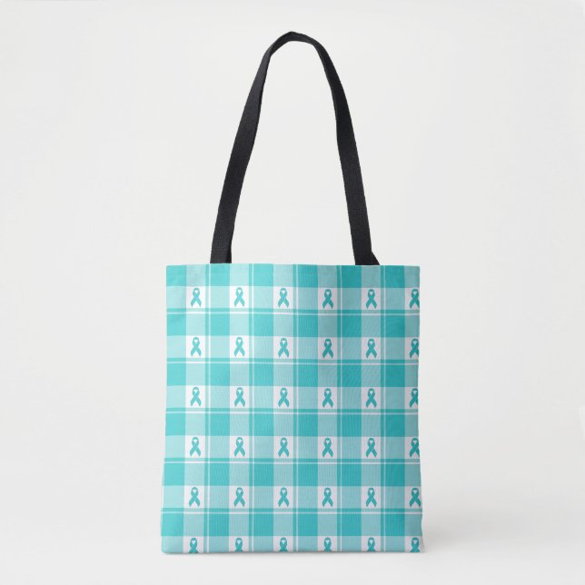 Ovarian Cancer Awareness Plaid Tote Bag, Teal Tygkasse (Framsida)