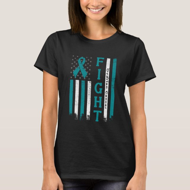 Ovarian Cancer Awareness Ribbon American Flagga T Shirt (Framsida)