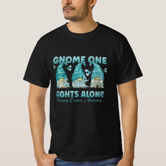 Ovarian Cancer Awareness Teal Ribbon Gnome T Shirt (Framsida)