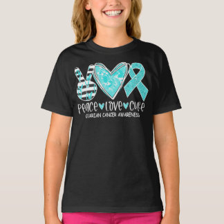 Ovarian Cancer Awareness Teal Ribbon Heart Peace L T Shirt