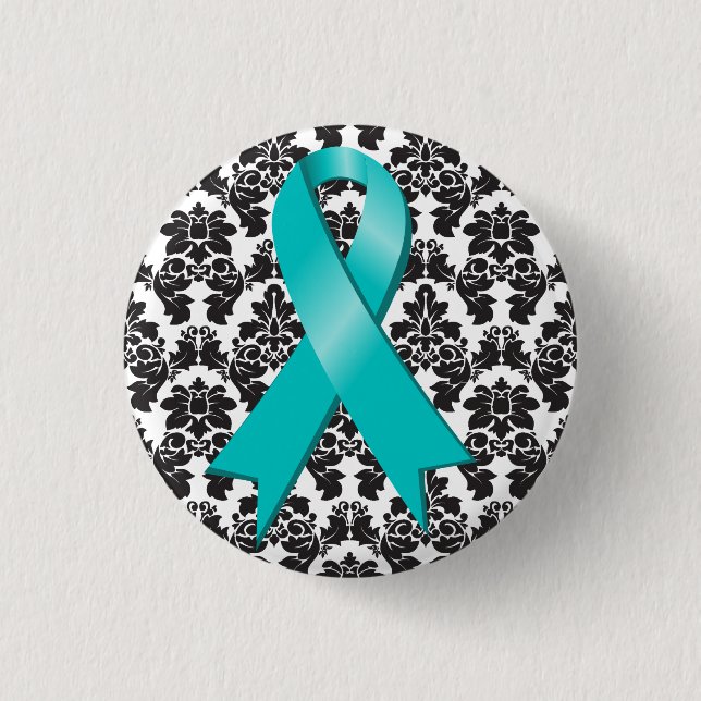 Ovarian Cancer Damask Teal Ribbon Knapp (Framsida)