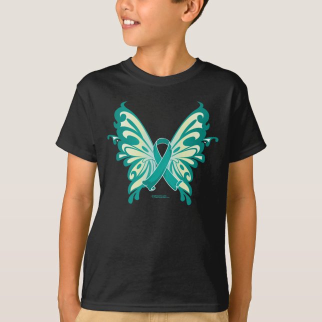 Ovarian Cancer Ribbon Butterfly Tee Shirt (Framsida)
