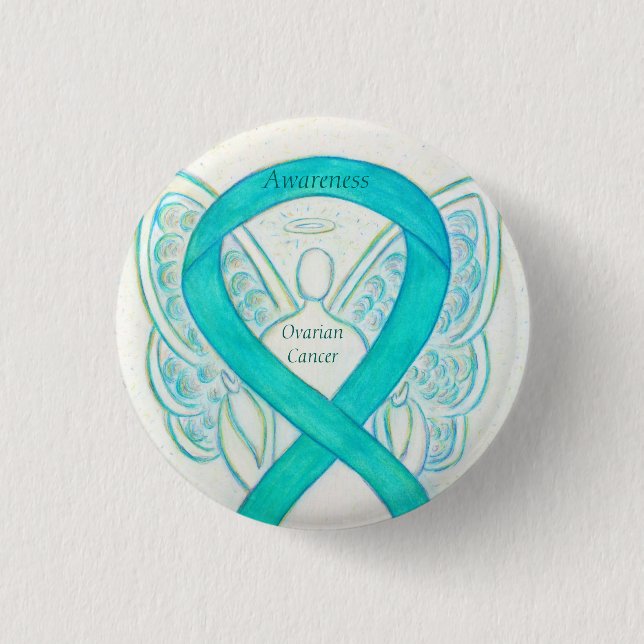 Ovarian Cancer Teal Awareness Ribbon Angel Pin Knapp (Framsida)