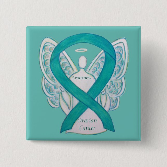 Ovarian Cancer Teal Awareness Ribbon Angel Pin Knapp (Framsida)