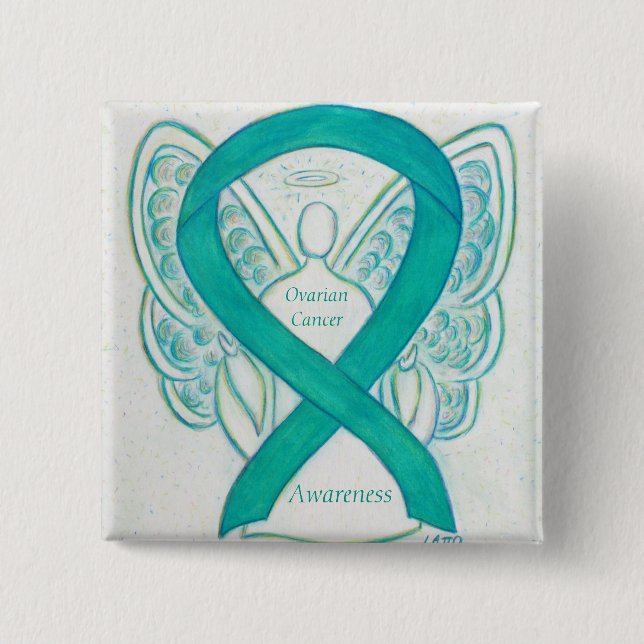 Ovarian Cancer Teal Awareness Ribbon Angel Pin Knapp (Framsida)