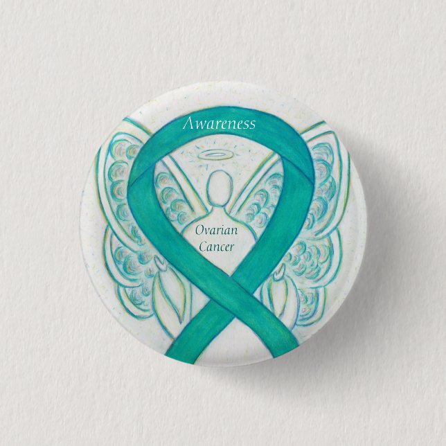 Ovarian Cancer Teal Awareness Ribbon Angel Pin Knapp (Framsida)