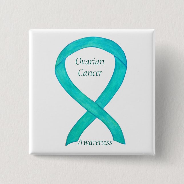 Ovarian Cancer Teal Awareness Ribbon Anpassningsba Knapp (Framsida)