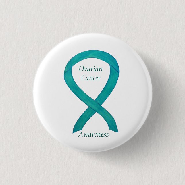 Ovarian Cancer Teal Awareness Ribbon Anpassningsba Knapp (Framsida)