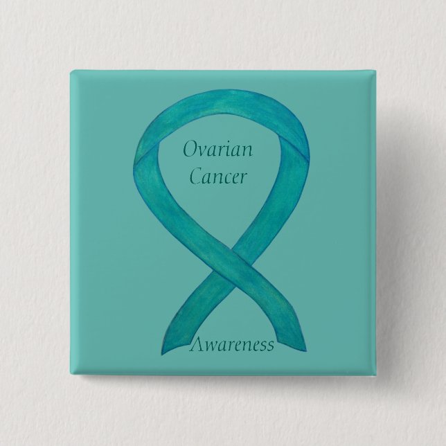 Ovarian Cancer Teal Awareness Ribbon Anpassningsba Knapp (Framsida)