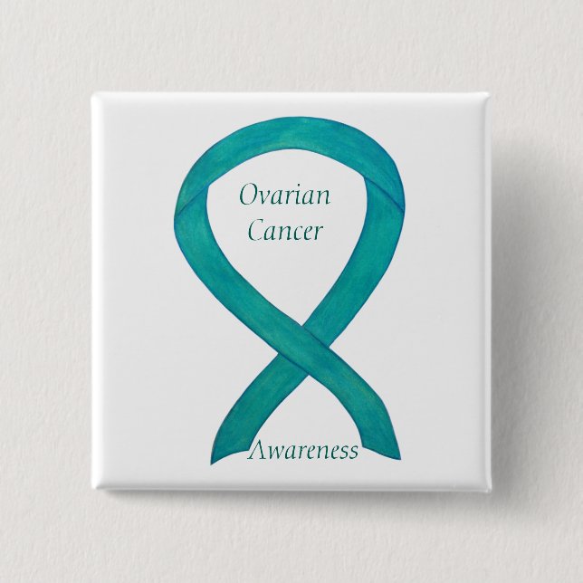 Ovarian Cancer Teal Awareness Ribbon Anpassningsba Knapp (Framsida)