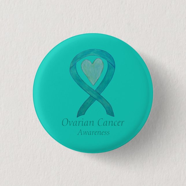 Ovarian Cancer Teal Awareness Ribbon Heart Button Knapp (Framsida)