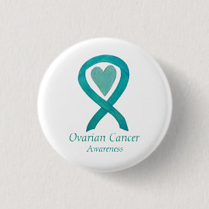 Ovarian Cancer Teal Awareness Ribbon Heart Buttons Knapp