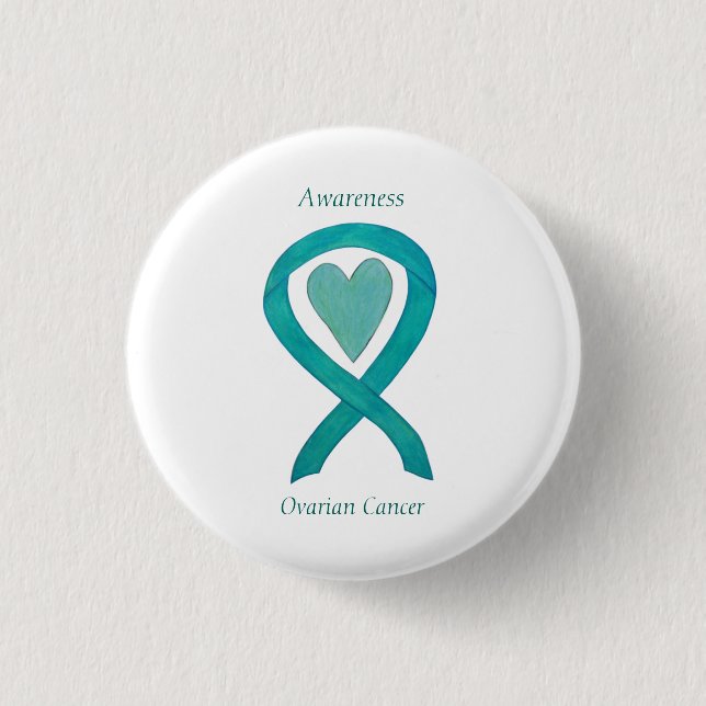 Ovarian Cancer Teal Awareness Ribbon Heart Pin Knapp (Framsida)