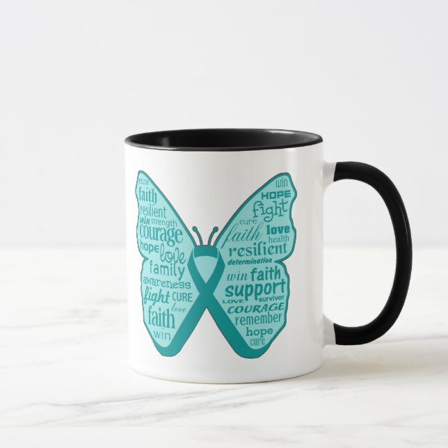 Ovarian cancerfjärilsCollage av ord Mugg (Höger)