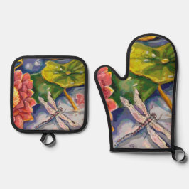 Oven Mitt and Pot Holders - Dragonfly & Waterlilly