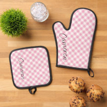 Oven Mitt Pot Holder Set Rosa Gingham Personlig