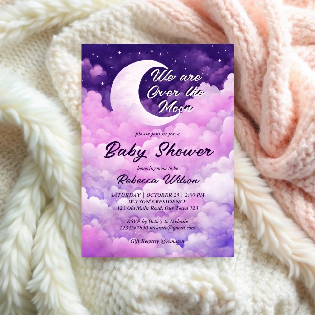 Över barnduschen vid rosa vid måne lila inbjudningar (Over the moon purple pink girl baby shower invitation template galaxy stars moon baby shower invite)