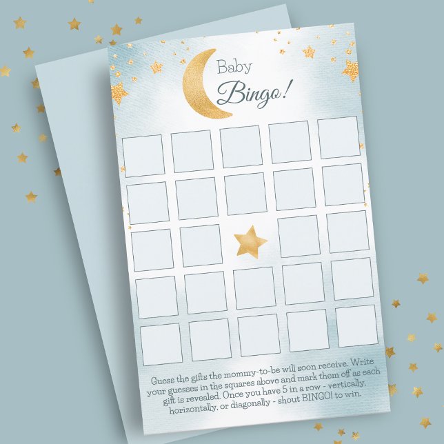Över Bingo Card för Måne Blue Boy Baby Shower (Over the Moon Blue Boy Baby Shower Bingo Card)